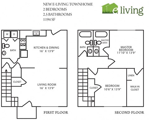 Floor plan for 2 beds, 2.5 baths, 1194 sqft